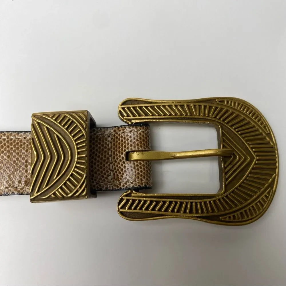Riki Designs Genuine Leather Snakeskin Belt Gold Aztec Buckle Women's Size XL